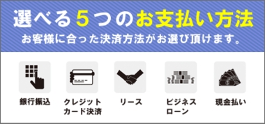 選べる５つのお支払い方法 お客様に合った決済方法がお選び頂けます。銀行振込 クレジットカード決済 リース ビジネスローン 現金払い